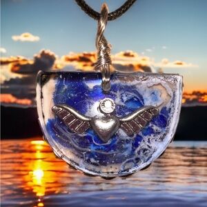 Blue & White Marbled Winged Heart Crystal Embellished  Charms Pendant Necklace